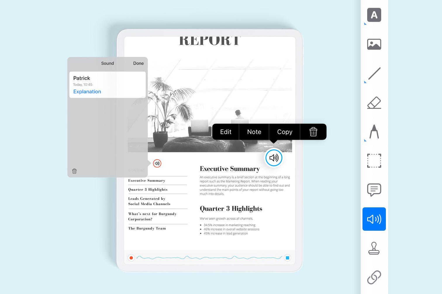 Use your iPad to record your voice to provide feedback on PDF documents