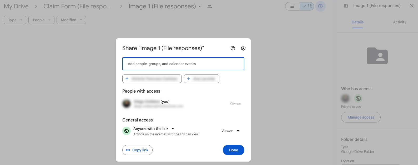 Change the access settings to your Google Forms folder