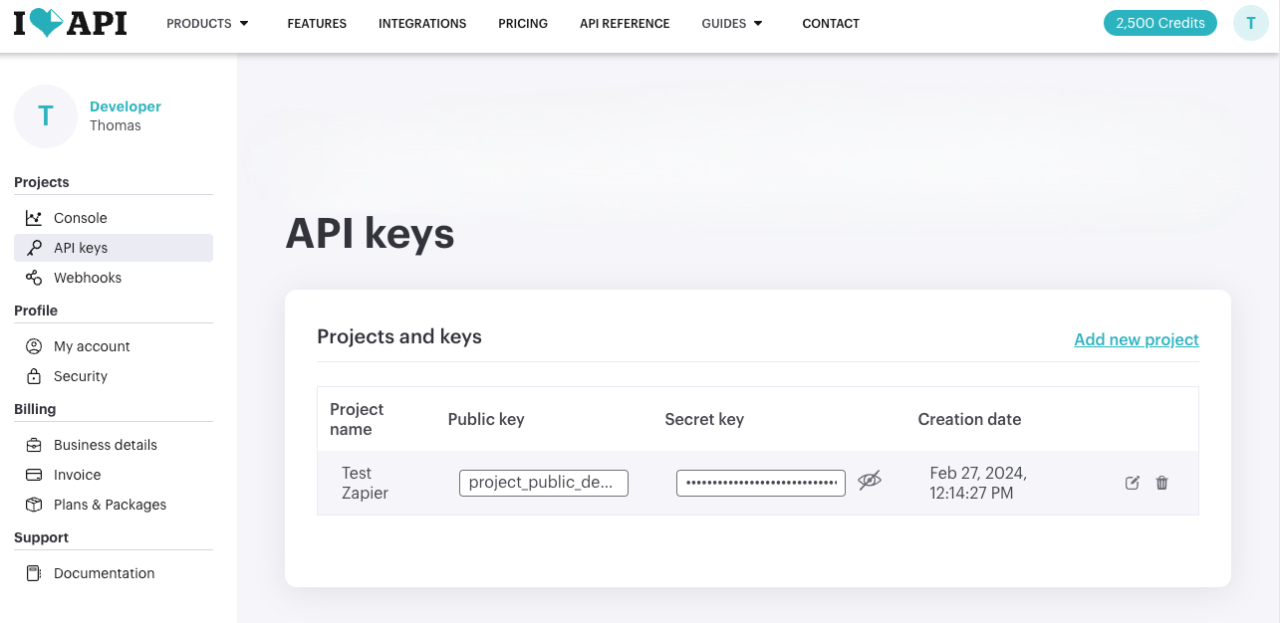 Find your iLoveAPI public key