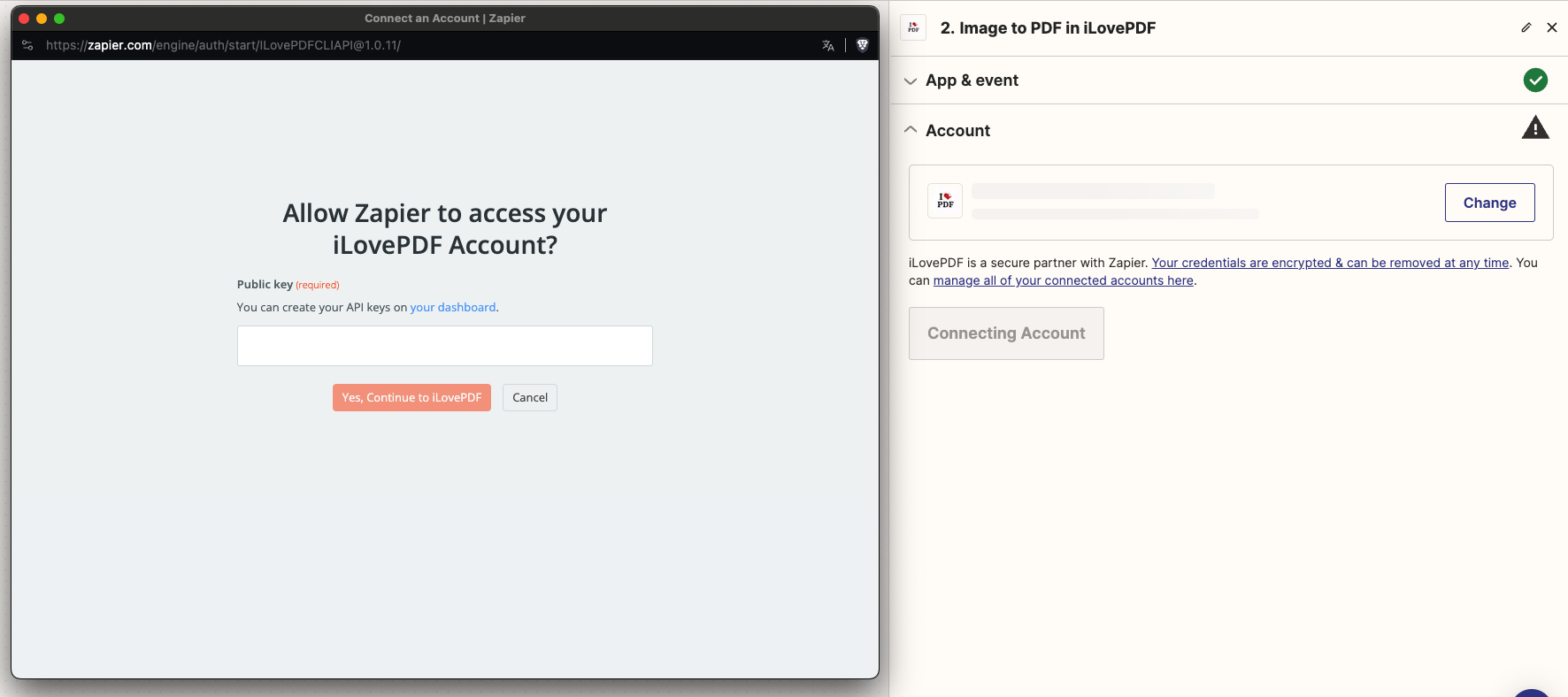 Add your iLoveAPI public key to link you account with Zapier&nbsp;